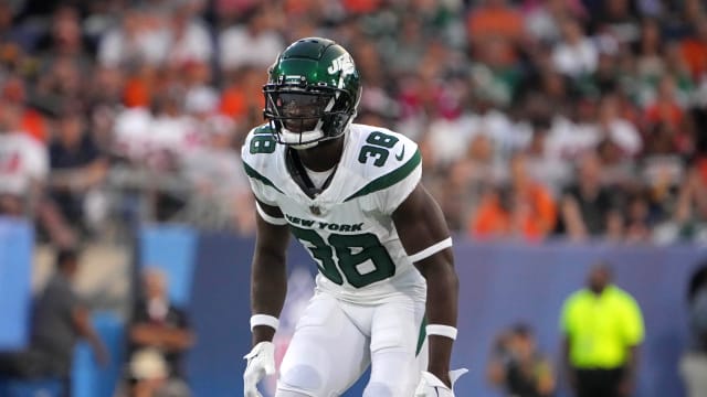 Aug 3, 2023; Canton, Ohio, USA; New York Jets safety Trey Dean (38) in the first half against the Cleveland Browns during the first half at Tom Benson Hall of Fame Stadium. Mandatory Credit: Kirby Lee-USA TODAY Sports  